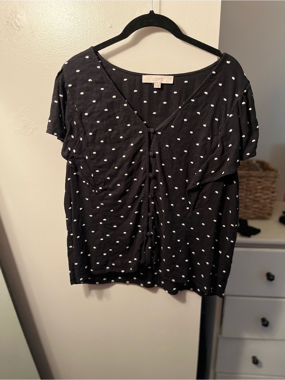 LOFT Black Polka-Dot Short Sleeve Tie-Front Blouse